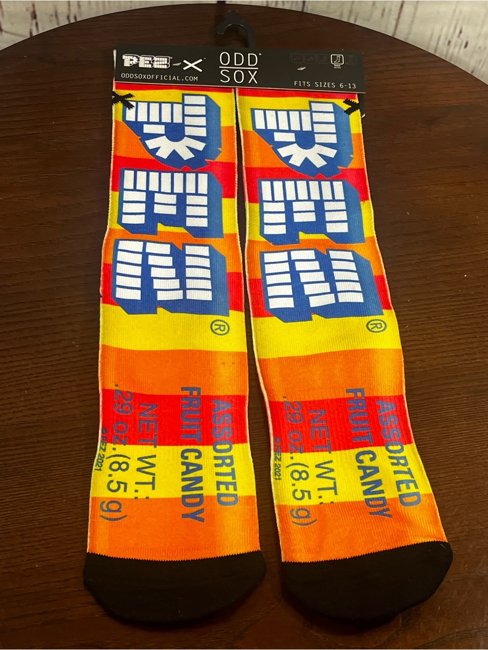 Odd Sox PEZ Assorted Fruit Candy Graphic Crew Socks - Yellow, Orange, Red, Blue